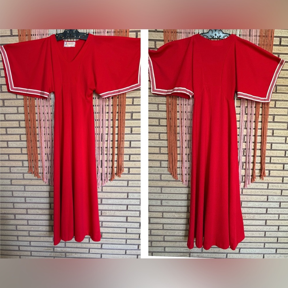 60's Maxi Tomato Red Gown - Poly Knit Red Dress - Maxi Dress - Disco Gown